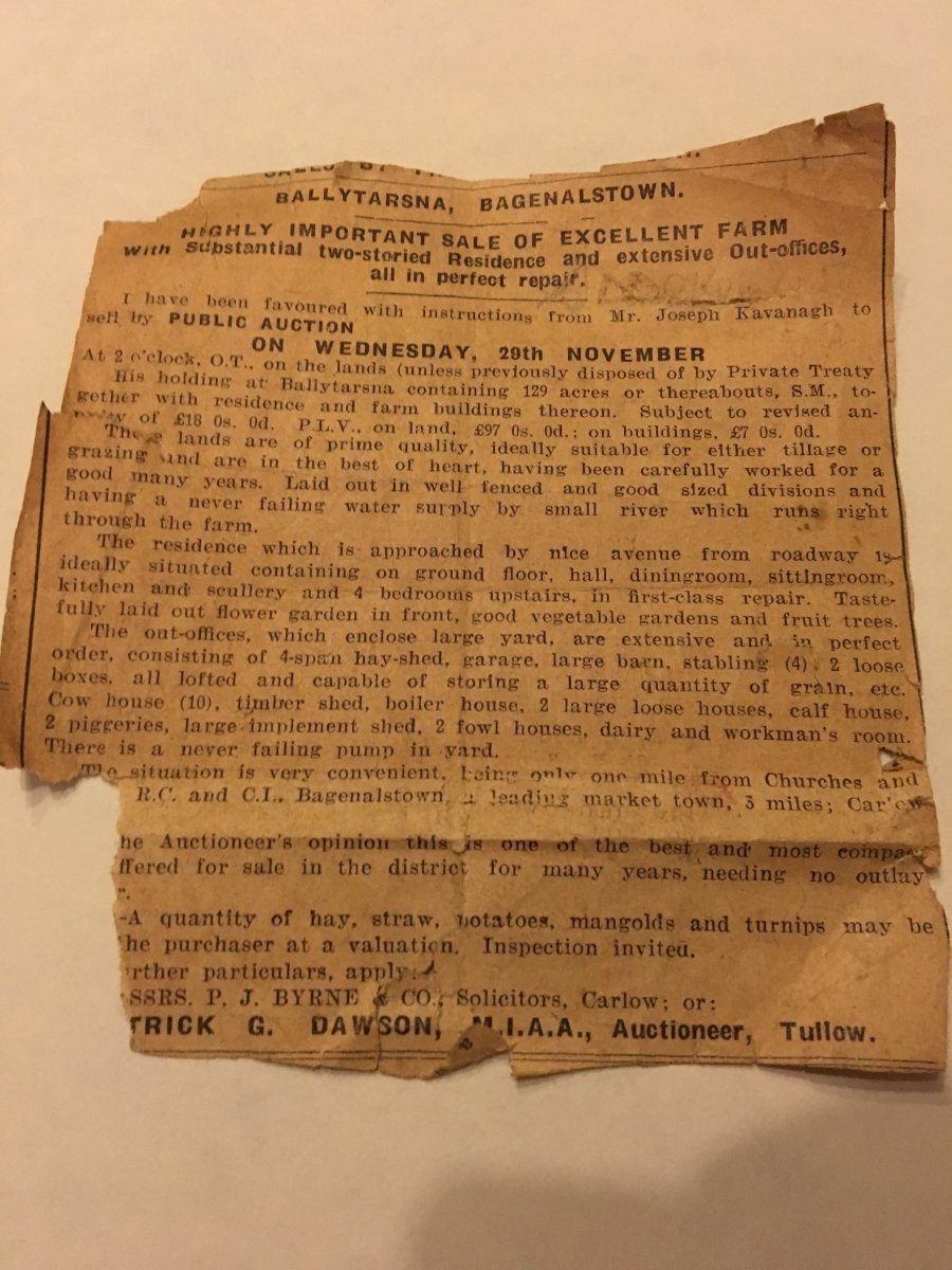 The auction notice for Ballytarsna