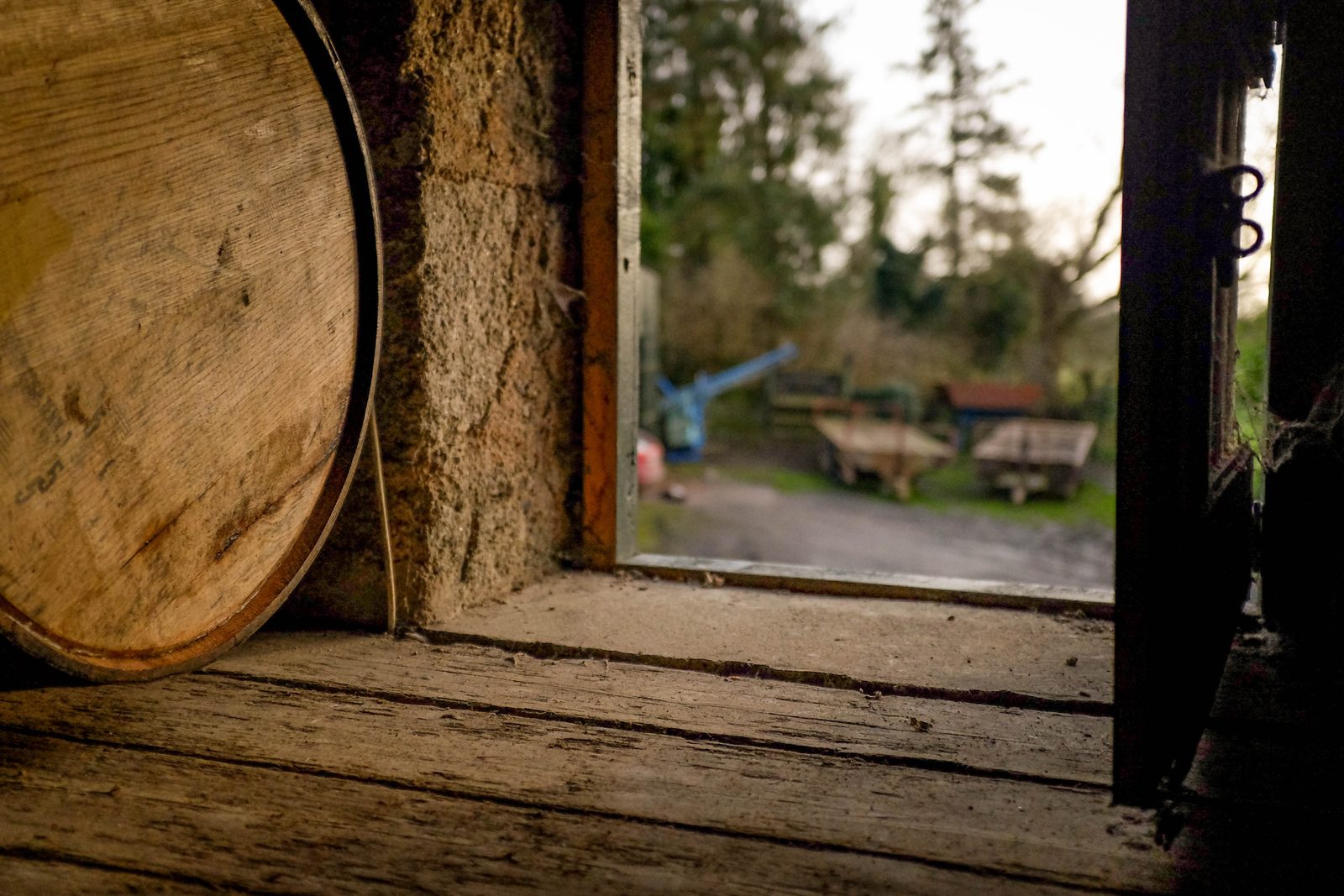 The farmyard through the window at Larch Grove