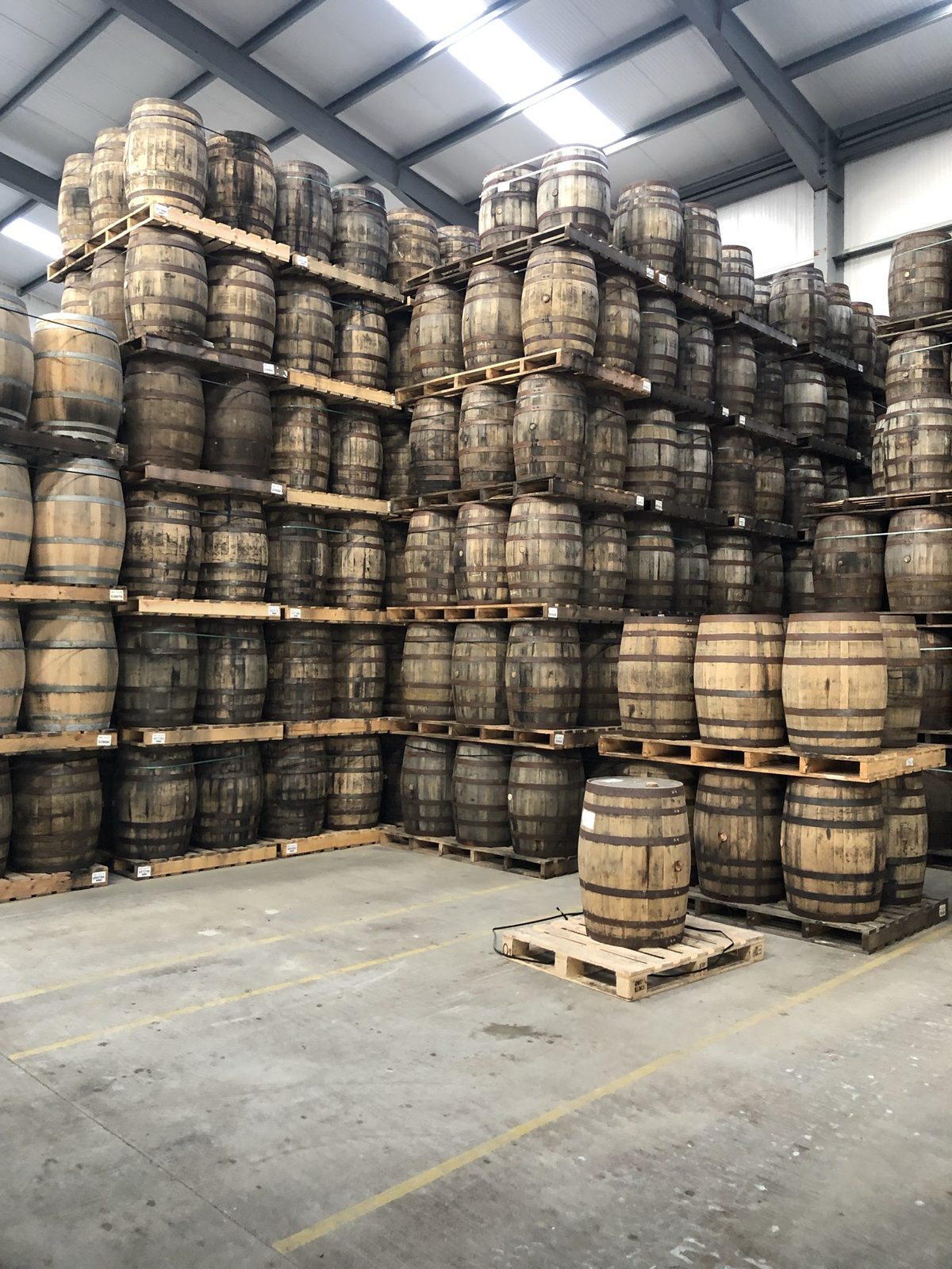 Casks racked against the warehouse wall